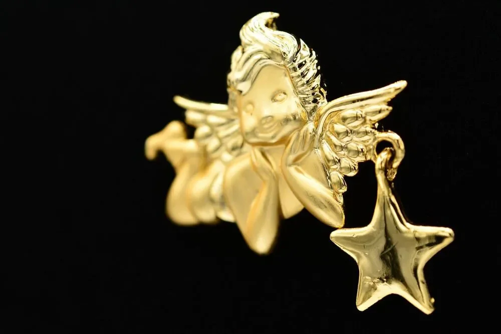 AJC Vintage Angel Pin Brooch Cherub Star Dangle Brushed Gold Signed 1980s BinAL